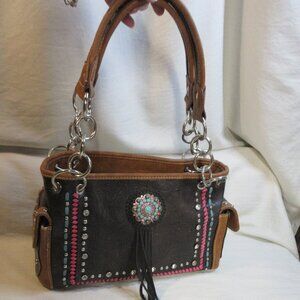 MONTANA WEST CONCHO COLLECTON HANDBAG~DARK FAUX LEATHER WITH FLORAL TOOLING